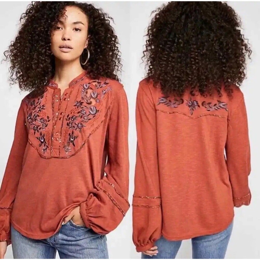 FREE PEOPLE Sundance Kid Western Henley S Burnt Orange Cedar Snap Button EUC B66